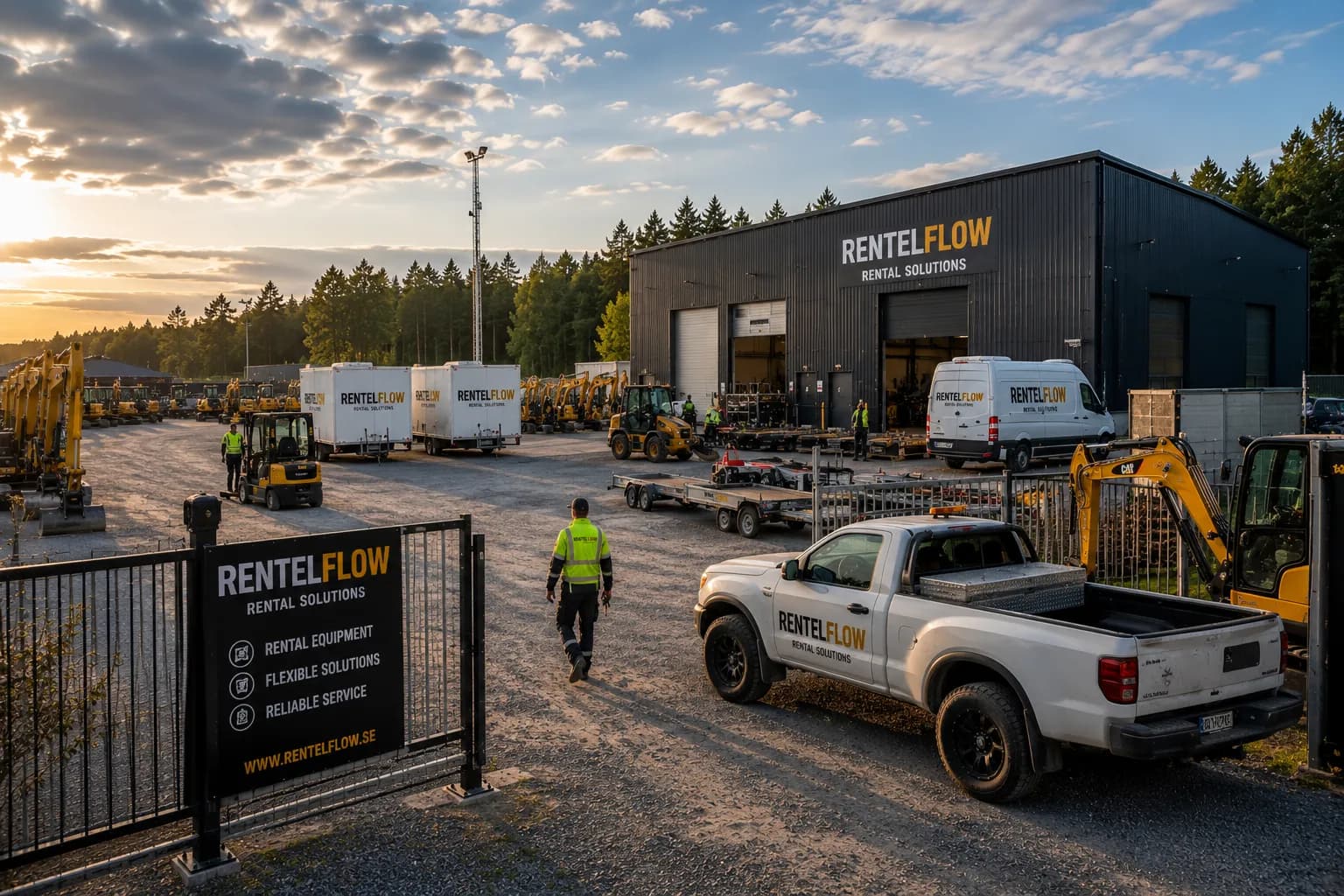 RentelFlow depot with machines, trailers and a service vehicle at dusk