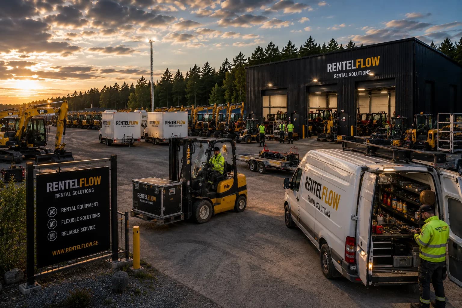 RentelFlow depot with machines, trailers and a service vehicle