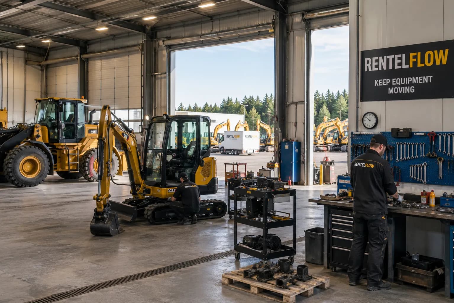 RentelFlow workshop with mechanics servicing a machine