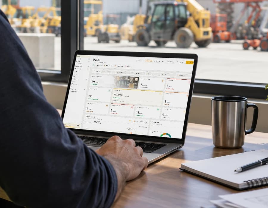 En person i varselväst arbetar vid en laptop i ett kontor med utsikt över maskingården. På skärmen syns RentelFlows Översikt.