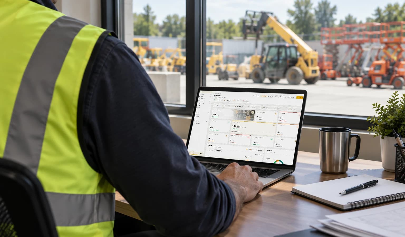 En person i varselväst arbetar vid en laptop i ett kontor med utsikt över maskingården. På skärmen syns RentelFlows Översikt.