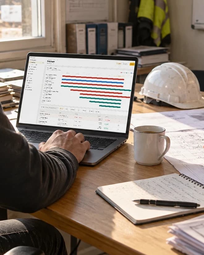 Ett platskontor: en person med RentelFlows Bokningar på en laptop, en annan pekar på ritningarna bredvid.