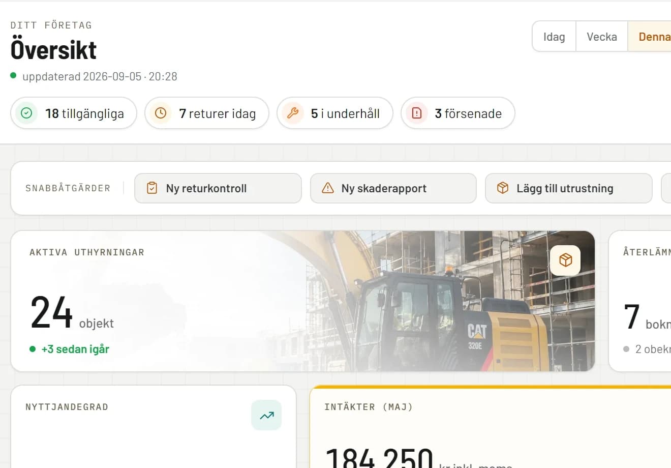 RentelFlows Översikt: statusrad med tillgängliga maskiner, returer idag, underhåll och försenade, samt snabbåtgärder.