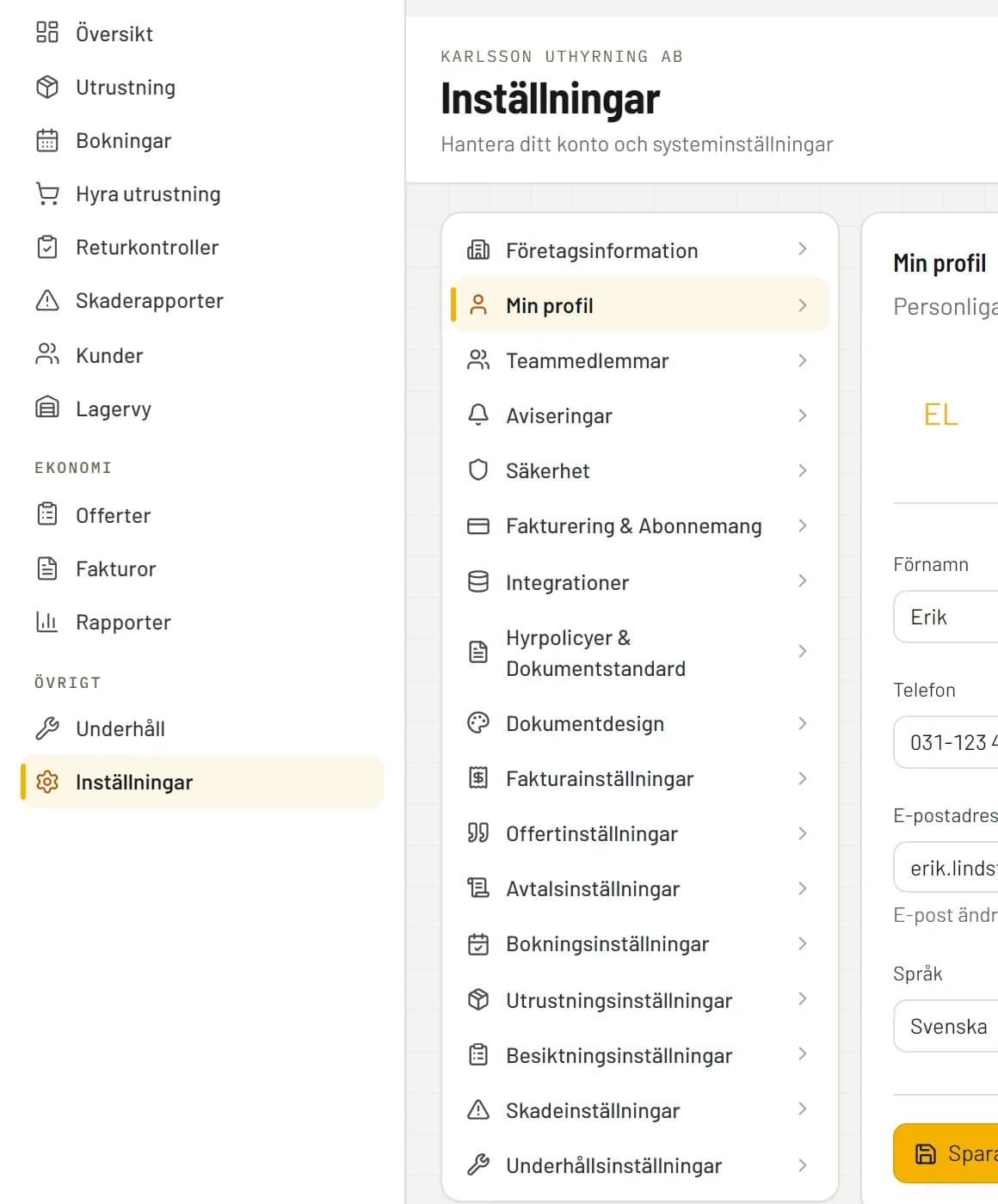 Inställningar i RentelFlow med sektionerna för företagsinformation, min profil, teammedlemmar, aviseringar, säkerhet, fakturering och abonnemang, integrationer och modulernas egna inställningar.