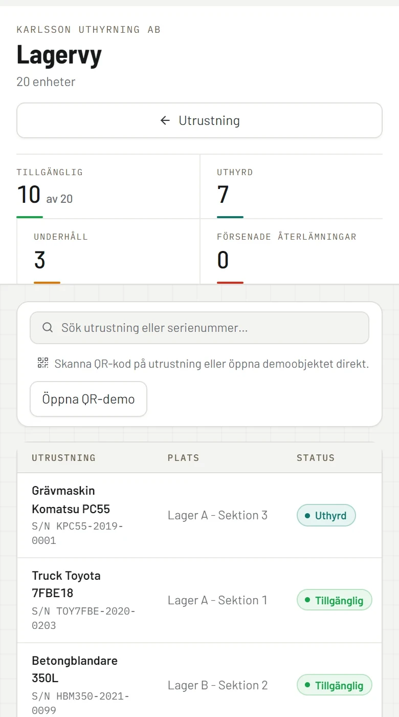 Lagervyn i RentelFlow på en surfplatta i stående format, med lagerplatser och objektens status.
